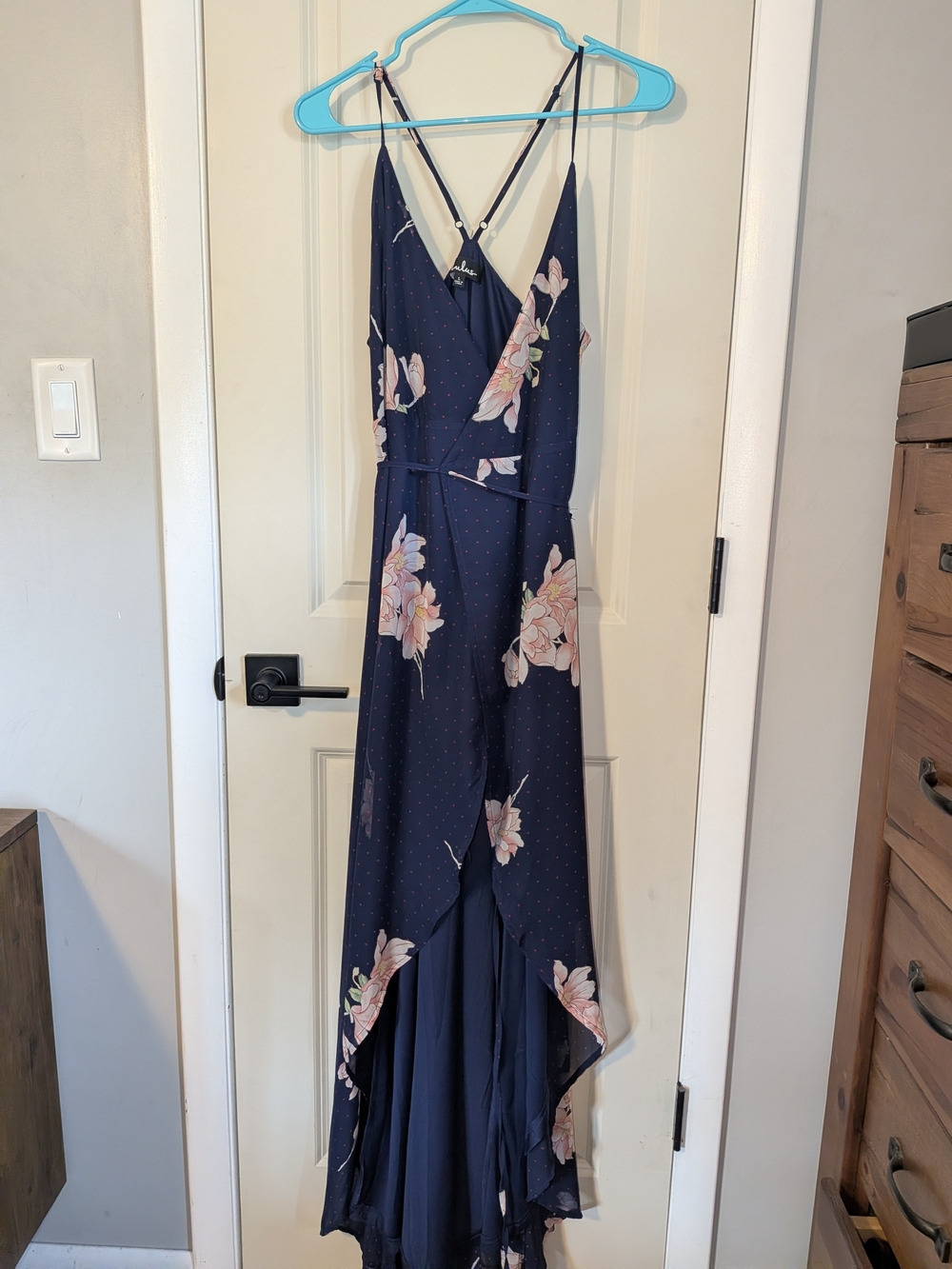 Lulu's Navy Floral High-Low Wrap Dress with Spaghetti Straps